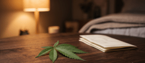 A cannabis leaf and a stack of papers rest on a wooden table, with a lit lamp and a bed visible in the softly lit background.