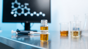 A vial labeled "Cannabinoid Extract Lot 2408-A" sits on a lab table with laboratory glassware and a syringe, with a molecular diagram on a computer screen in the background.