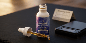 A bottle labeled "Standard Oil Tincture Delta-8 + CBD" sits on a table with a dropper, a small scale, and a dosing guide in the background.