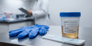 A urine sample, blue gloves, and a drug test kit are on a metal table; a lab worker is blurred in the background, holding a clipboard.