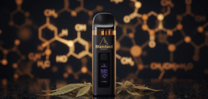 A black vape device labeled "Standard Extracts" stands upright on a dark surface with cannabis leaves, against a backdrop of gold chemical structures.