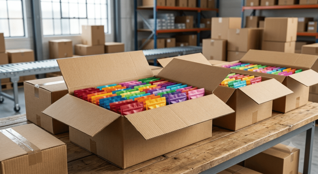 dozens of sealed premium gummy pouches neatly arranged inside open corrugated shipping cartons