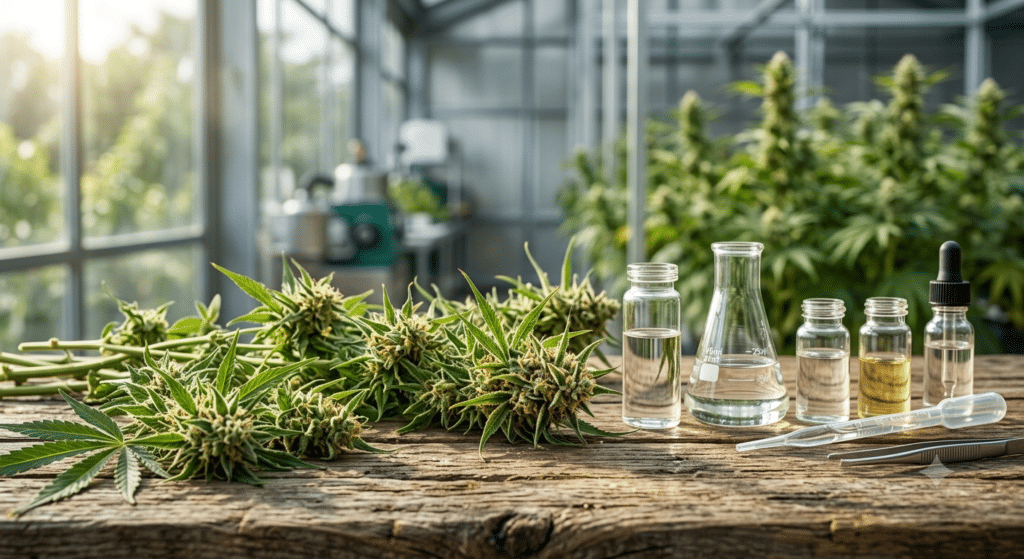 freshly harvested hemp plants arranged on a rustic wooden table alongside laboratory glass vials containing clear botanical extracts,