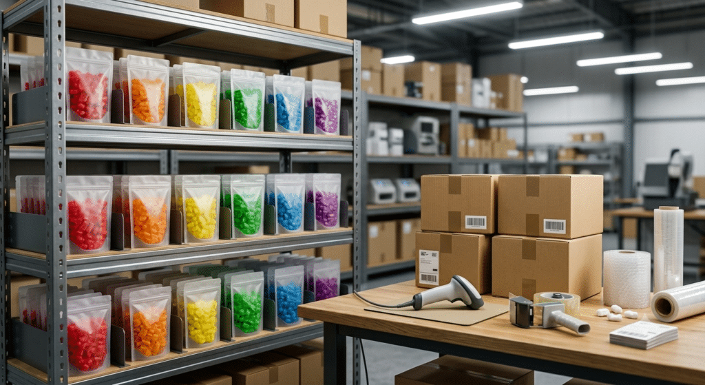 multiple stacks of plain resealable gummy pouches grouped by color on industrial shelving