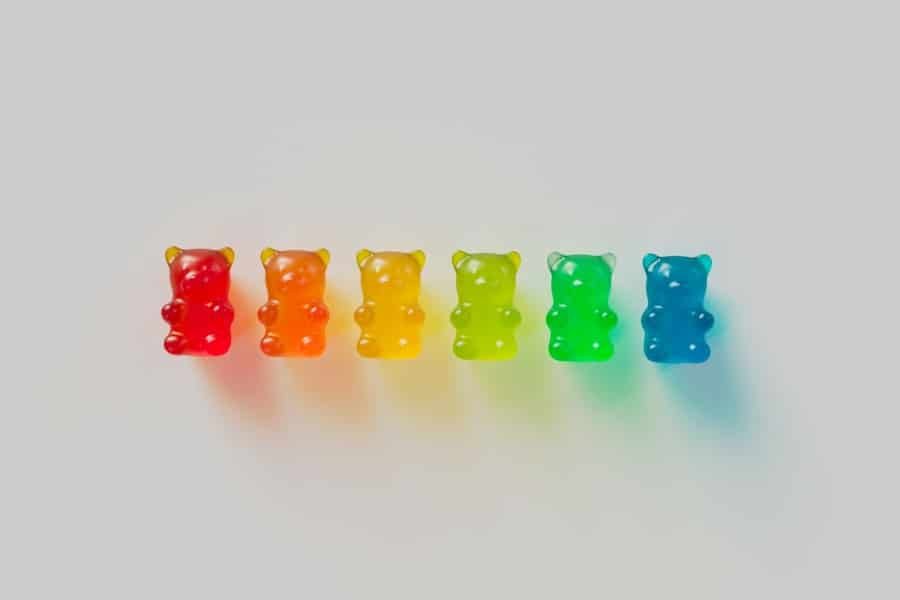Row of colorful gummies, a popular format for both Delta-8 and CBD