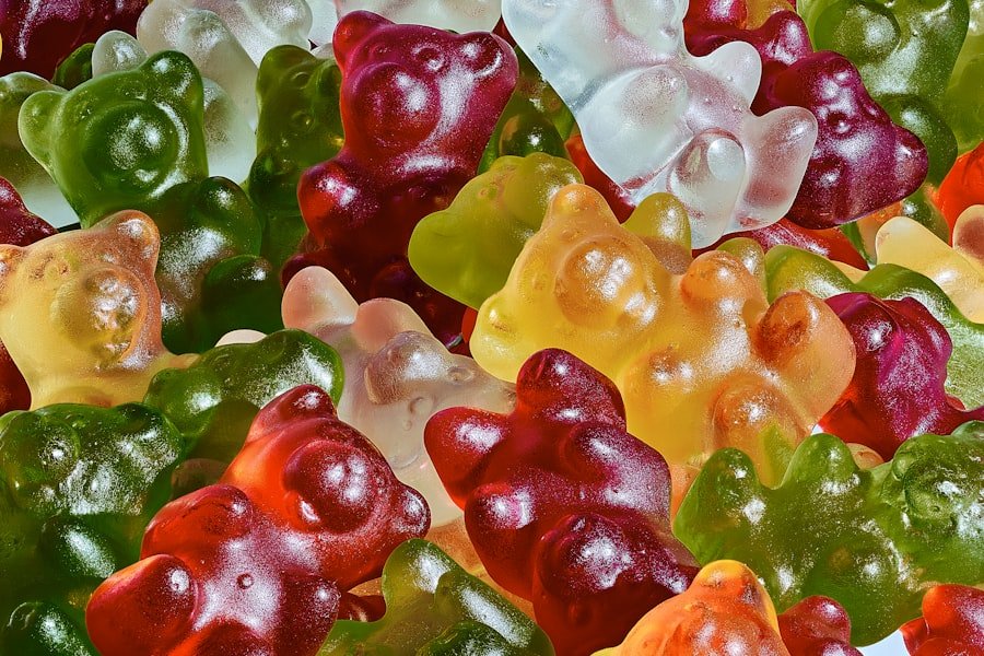 A close-up pile of multicoloured gummies