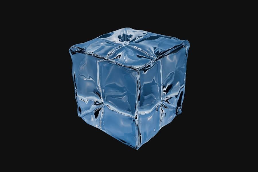 A single clear ice cube against a black background