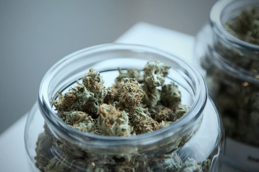 Hemp flower stored in a clear glass jar
