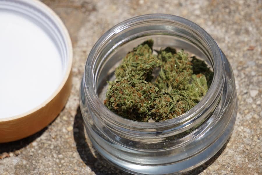 Hemp flower in an open glass storage jar