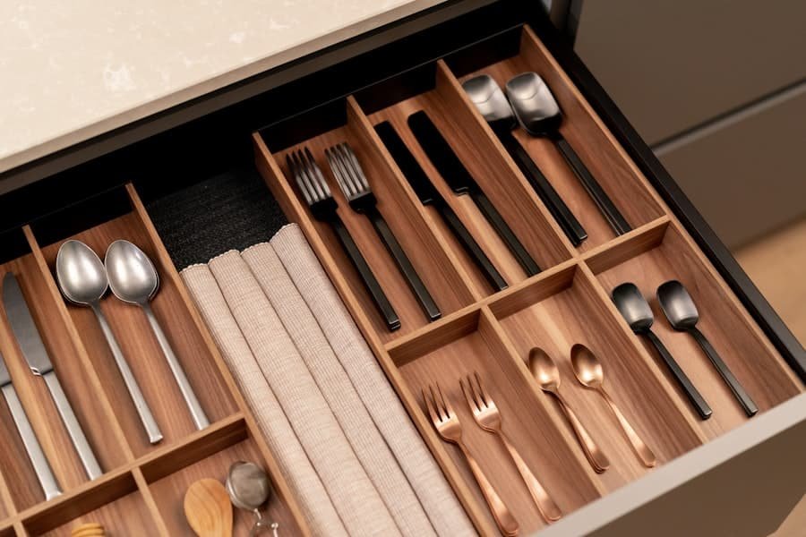 A tidy drawer with wooden dividers keeping items separated