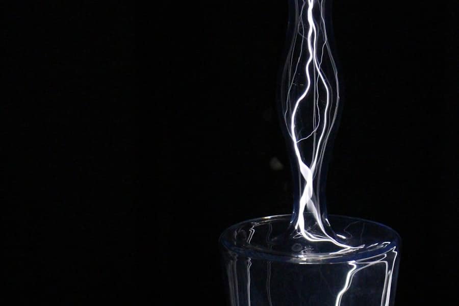 Bright electrical arcs rising in a dark room
