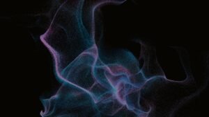 Blue and pink vapour swirling against a black background