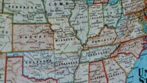 A printed road map showing several neighbouring US states