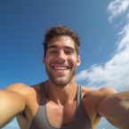 A muscular individual takes a selfie outdoors, showcasing clear blue skies and fluffy white clouds in the background.